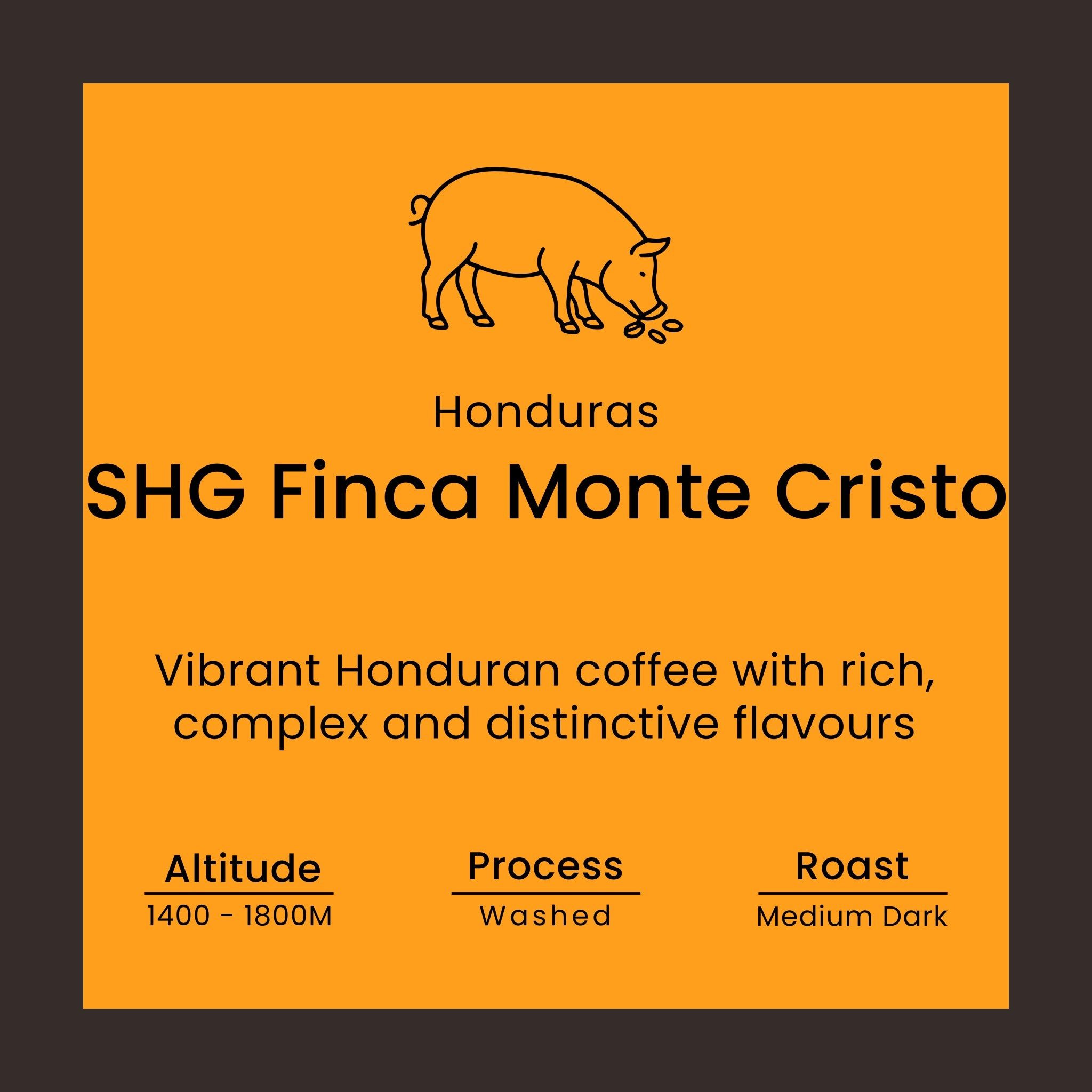 Coffee label for Honduras SHG Finca Monte Cristo from Norfolk Pig Coffee Co.