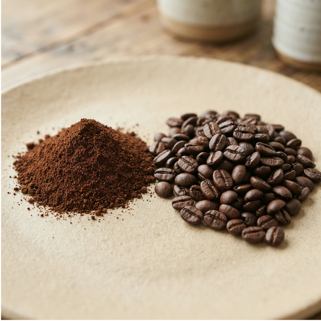 Whole bean and ground coffee on a table plate
