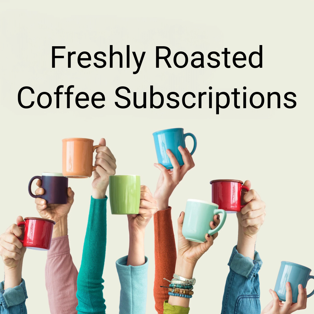 Hands holding coffee mugs in the air with freshly roasted coffee subscriptions in text above it