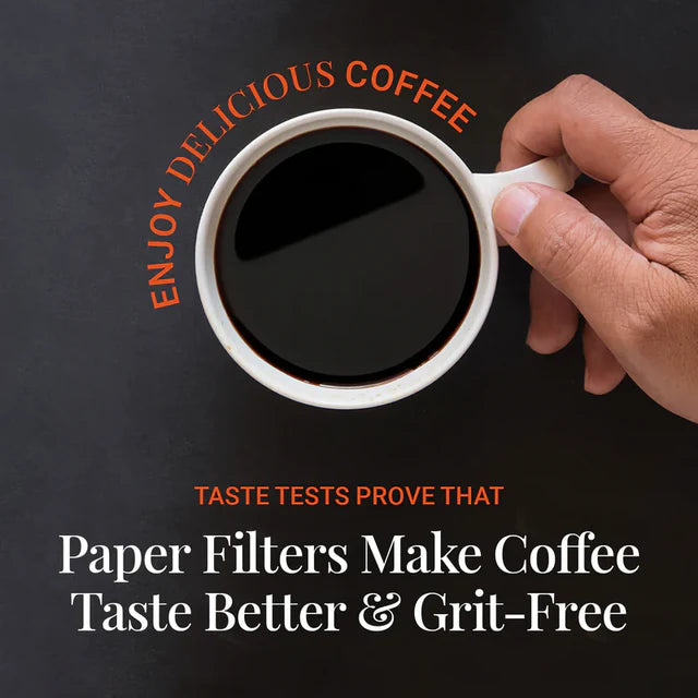 Hand holding a cup of coffee with text about paper filters and coffee taste.