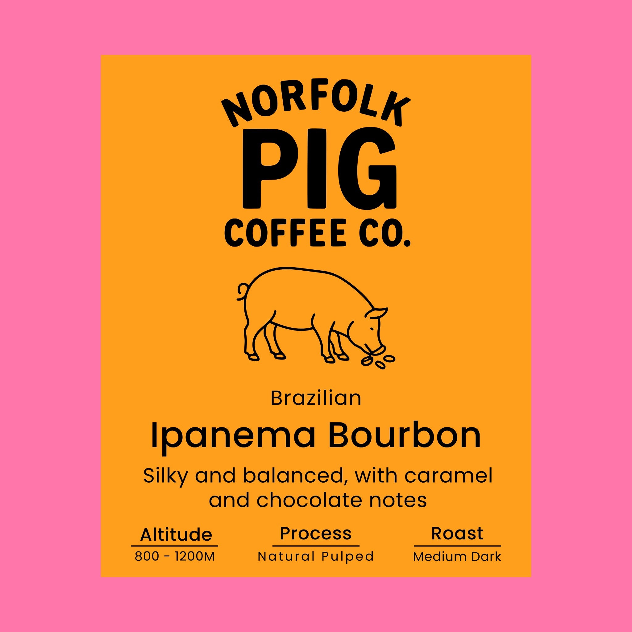 Coffee label for Brazilian Ipanema Bourbon with pig illustration on orange background
