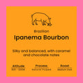 Coffee label for Brazilian Ipanema Bourbon with pig illustration on orange background