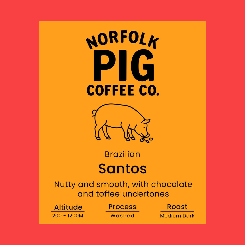 Coffee label for 'Brazilian Santos' from Norfolk Pig Coffee Co.