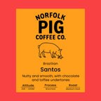 Coffee label for 'Brazilian Santos' from Norfolk Pig Coffee Co.