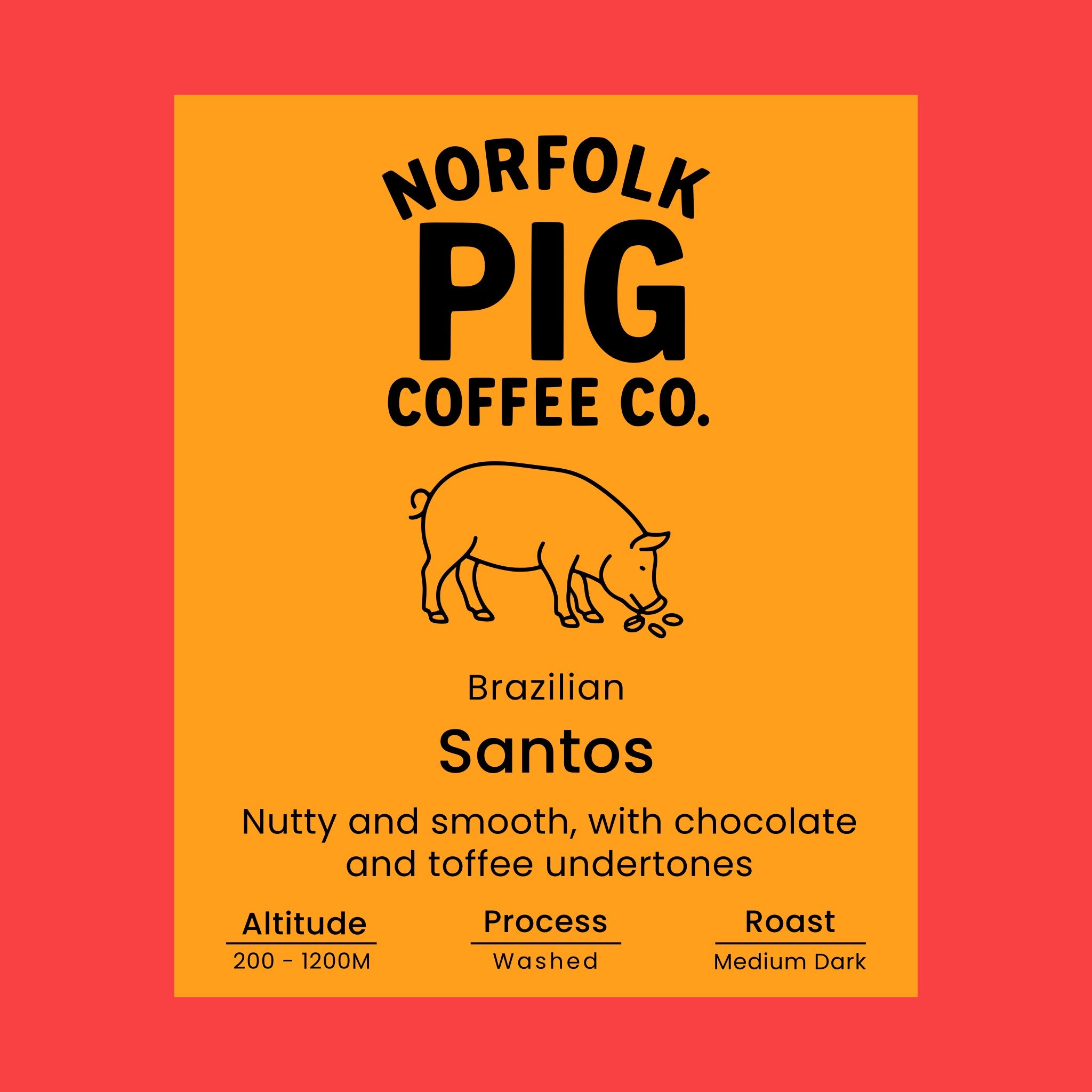 Coffee label for 'Brazilian Santos' from Norfolk Pig Coffee Co.