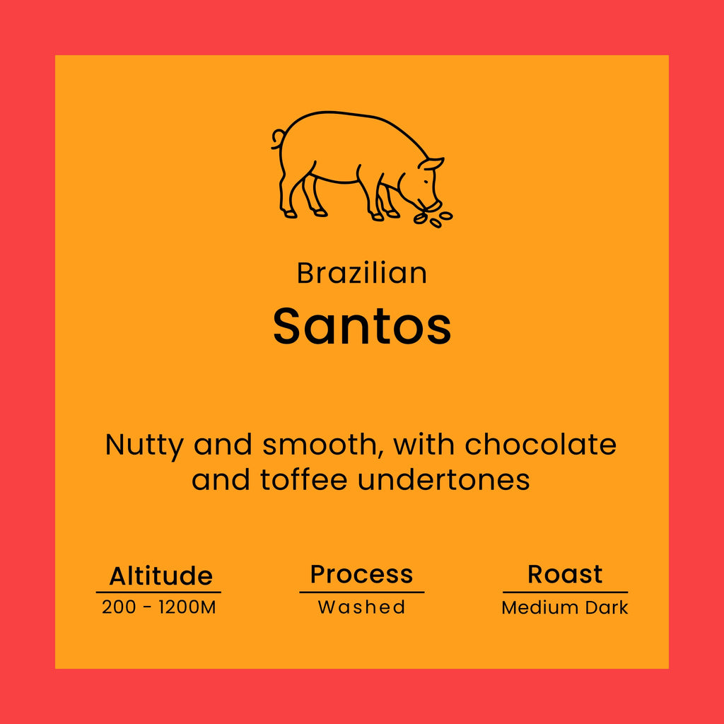 Coffee label for 'Brazilian Santos' from Norfolk Pig Coffee Co.