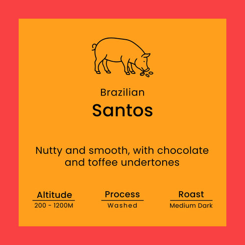 Coffee label for 'Brazilian Santos' from Norfolk Pig Coffee Co.