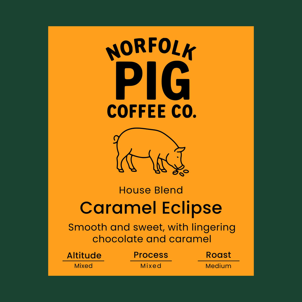 Caramel Eclipse coffee blend label from Norfolk Pig Coffee Co.