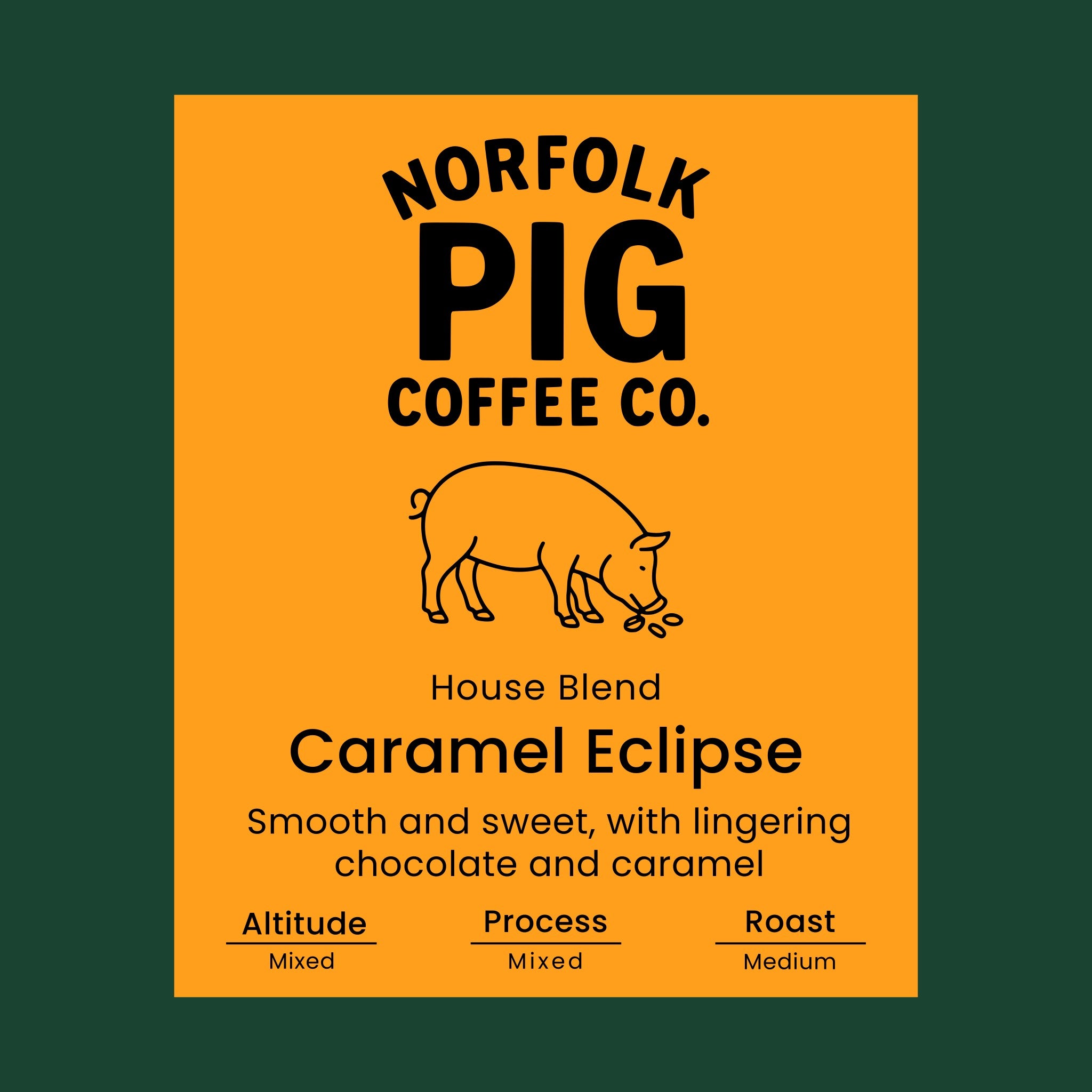 Caramel Eclipse coffee blend label from Norfolk Pig Coffee Co.