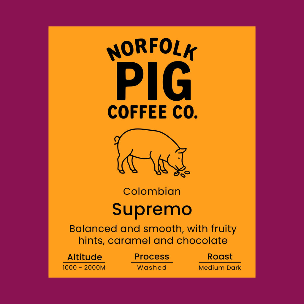 Colombian Supremo coffee label with pig icon on orange background