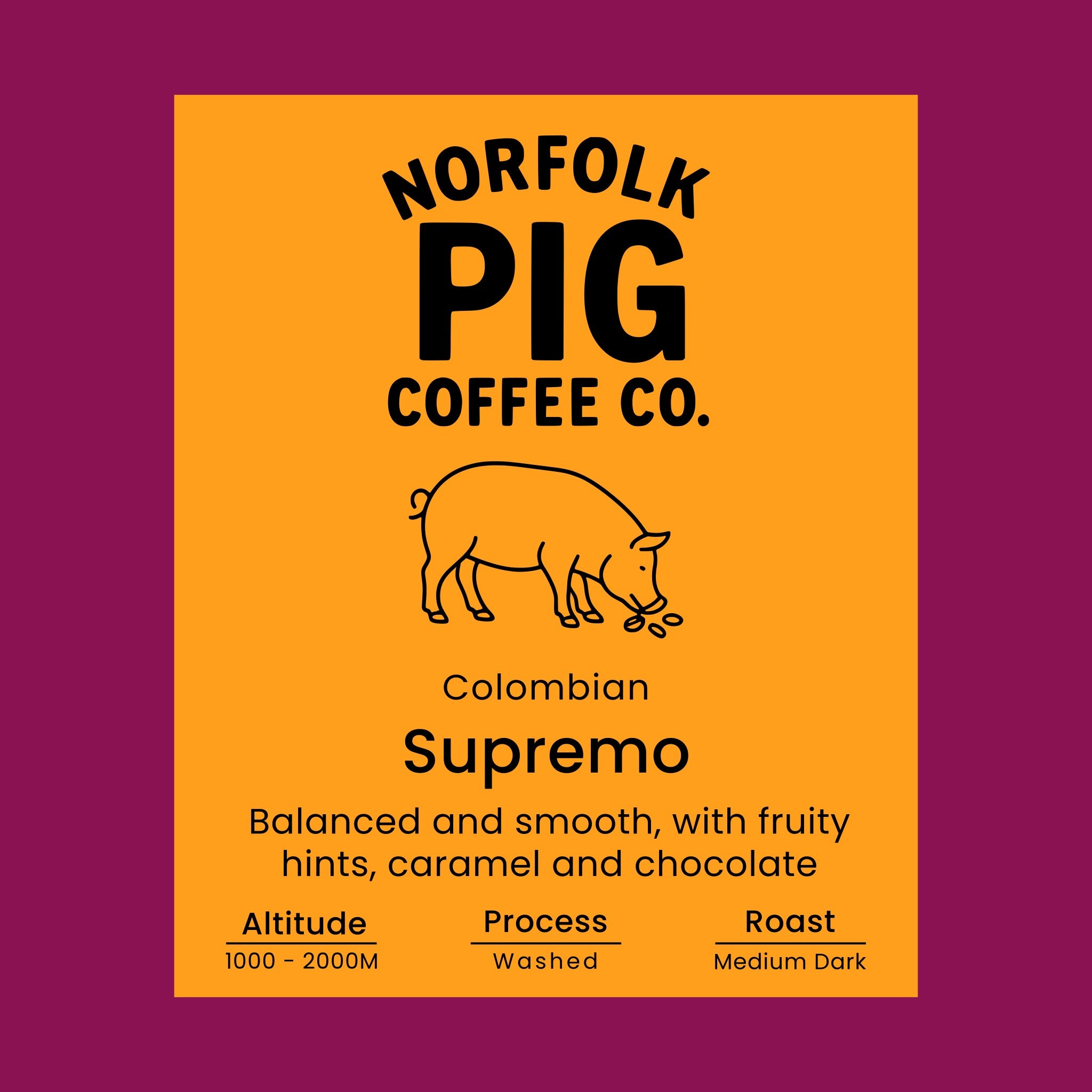 Colombian Supremo coffee label with pig icon on orange background