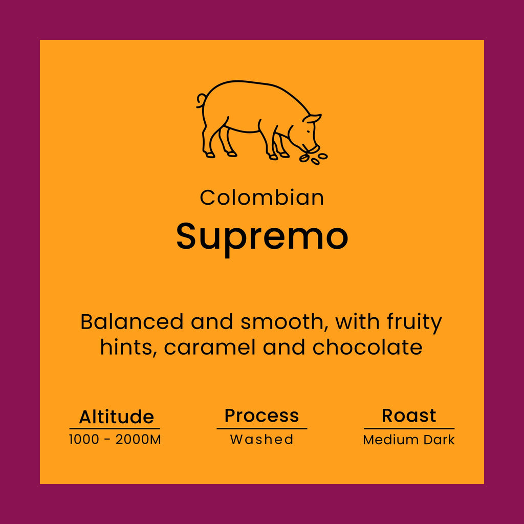 Colombian Supremo coffee label with pig icon on orange background