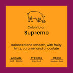 Colombian Supremo coffee label with pig icon on orange background
