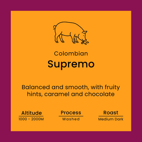 Colombian Supremo coffee label with pig icon on orange background