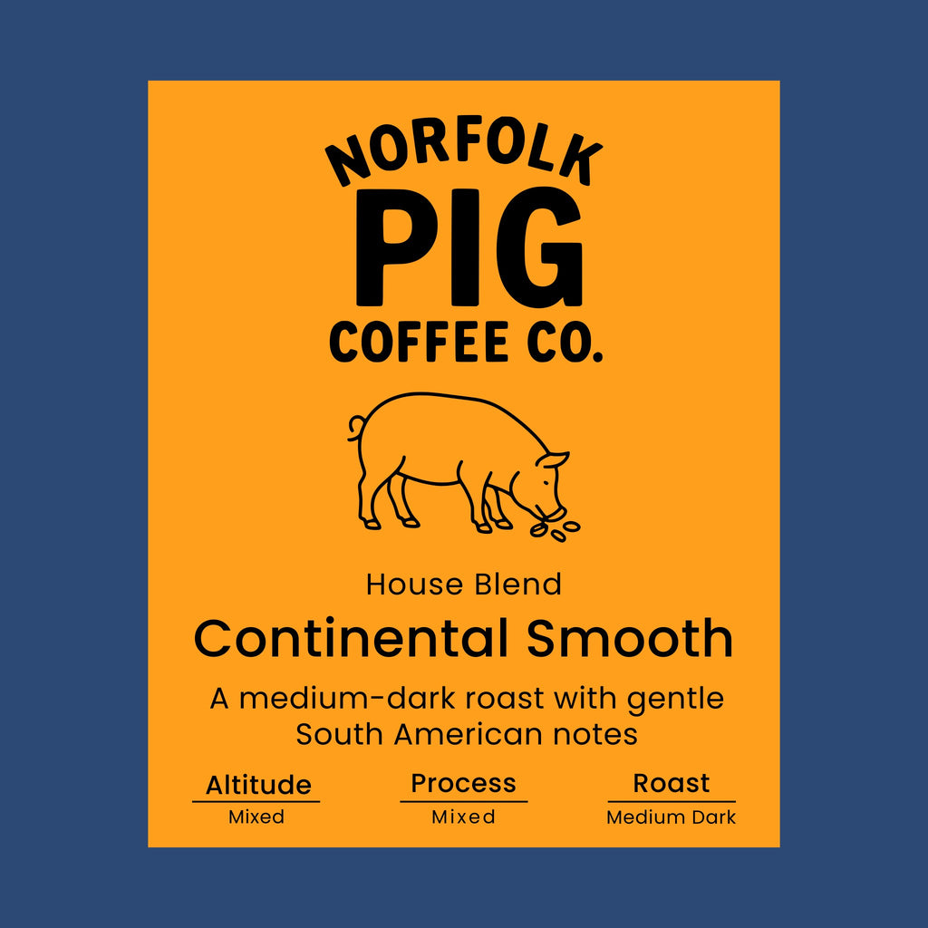 Coffee label for 'House Blend Continental Smooth' from Norfolk Pig Coffee Co.