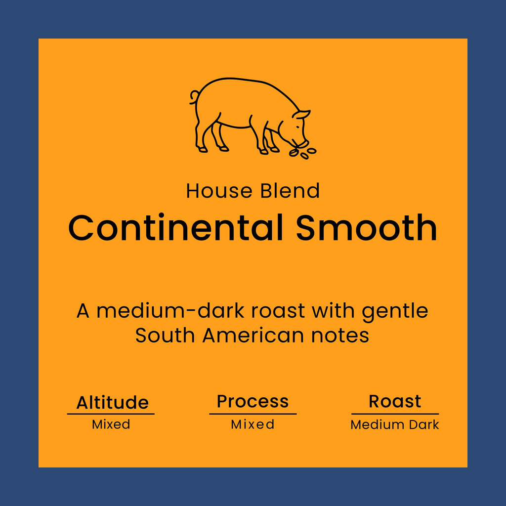 Coffee label for 'House Blend Continental Smooth' from Norfolk Pig Coffee Co.