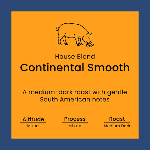 Coffee label for 'House Blend Continental Smooth' from Norfolk Pig Coffee Co.