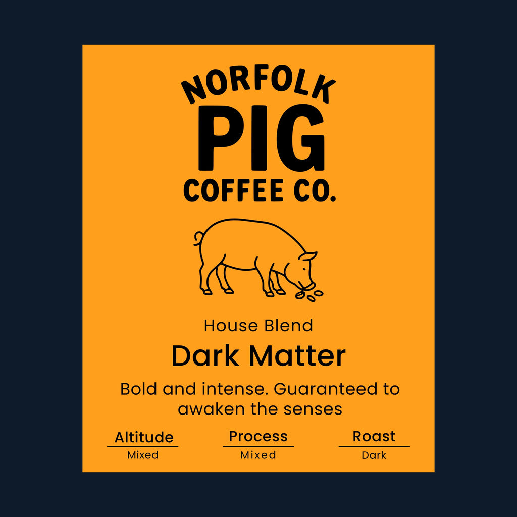 Coffee label for 'Dark Matter' from Norfolk Pig Coffee Co.