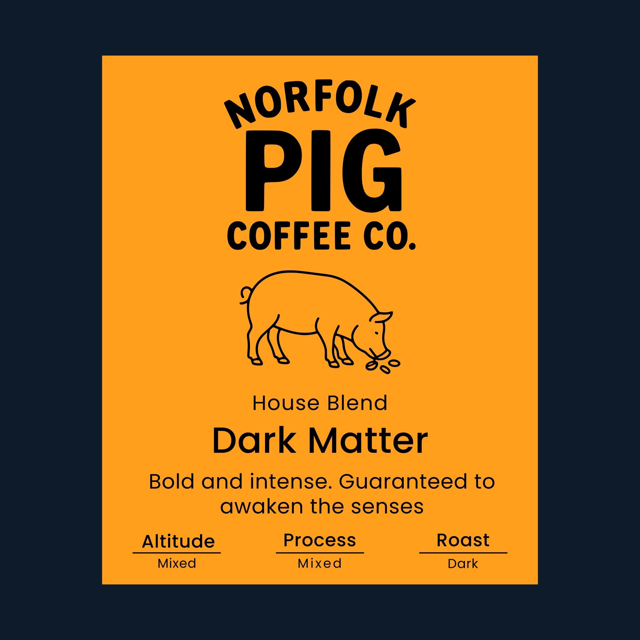 Coffee label for 'Dark Matter' from Norfolk Pig Coffee Co.