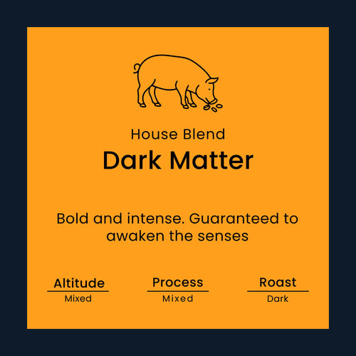 Coffee label for 'Dark Matter' from Norfolk Pig Coffee Co.
