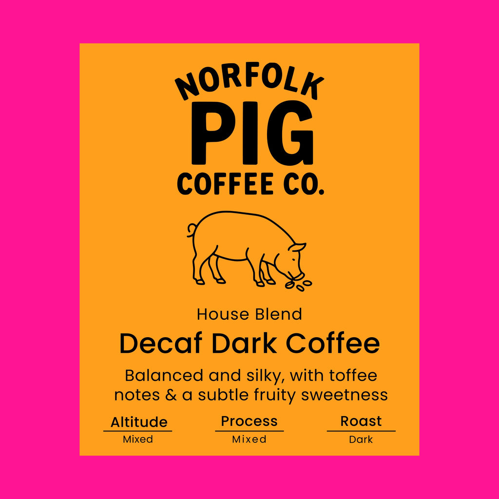 Decaf dark coffee label from Norfolk Pig Coffee Co.