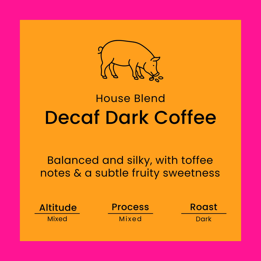 Decaf dark coffee label from Norfolk Pig Coffee Co.