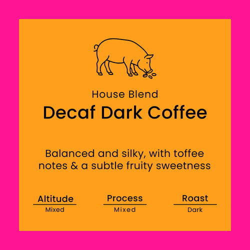Decaf dark coffee label from Norfolk Pig Coffee Co.