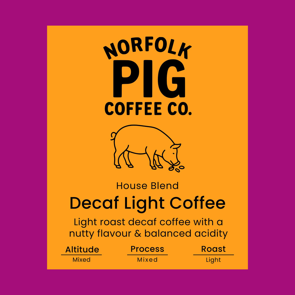 Decaf light coffee label from Norfolk Pig Coffee Co.