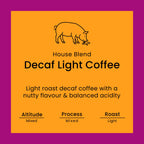 Decaf light coffee label from Norfolk Pig Coffee Co.