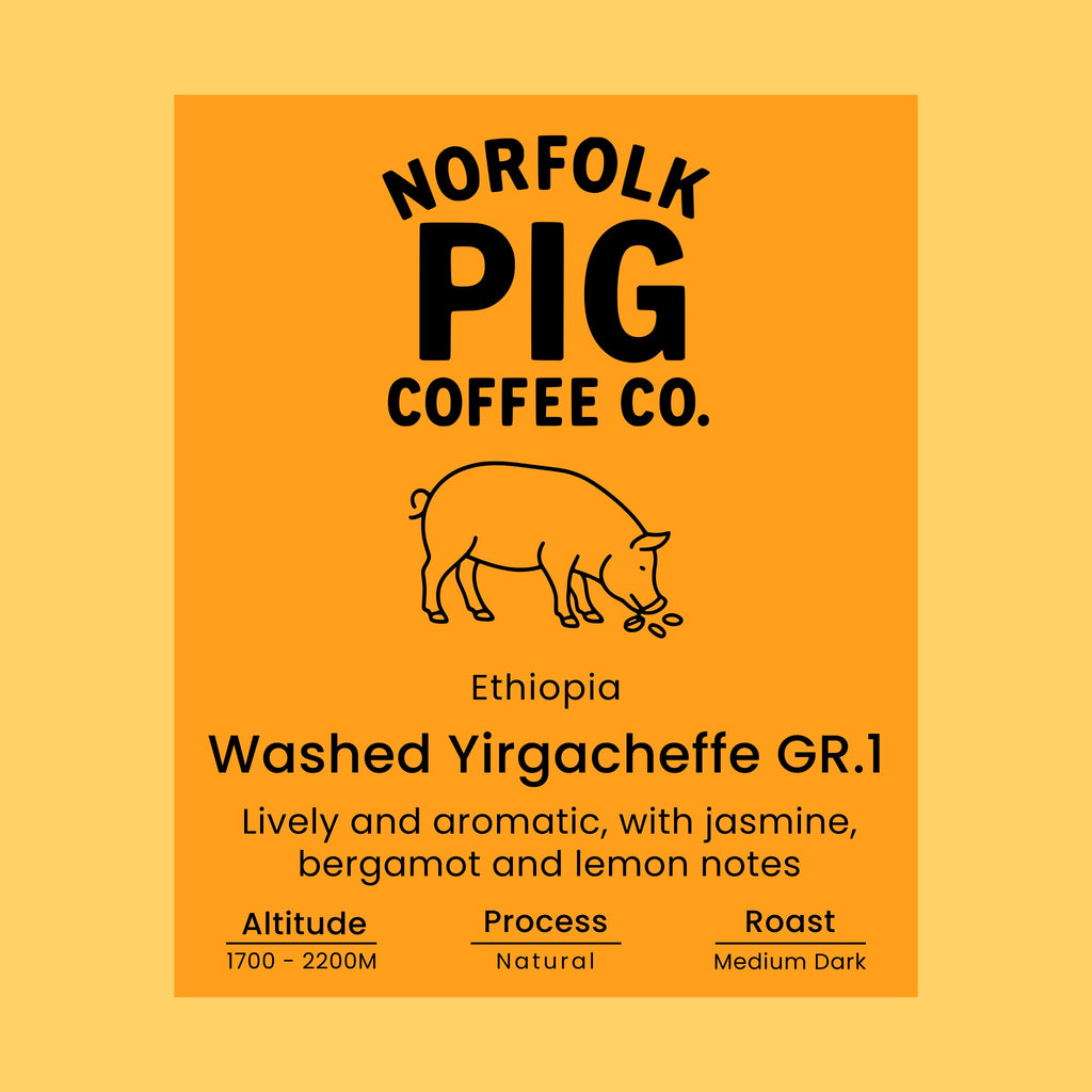 Coffee label for Ethiopia Washed Yirgacheffe Grade 1 on an orange background