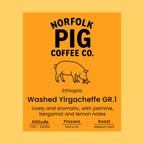 Coffee label for Ethiopia Washed Yirgacheffe Grade 1 on an orange background