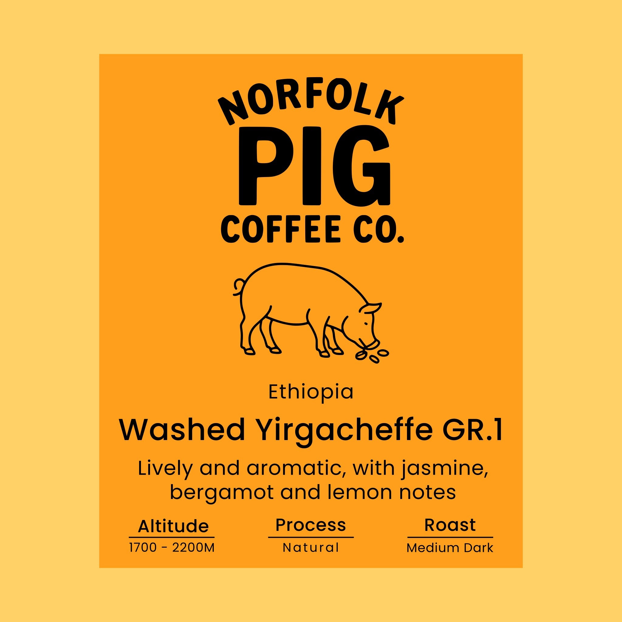 Coffee label for Ethiopia Washed Yirgacheffe Grade 1 on an orange background