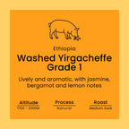 Coffee label for Ethiopia Washed Yirgacheffe Grade 1 on an orange background