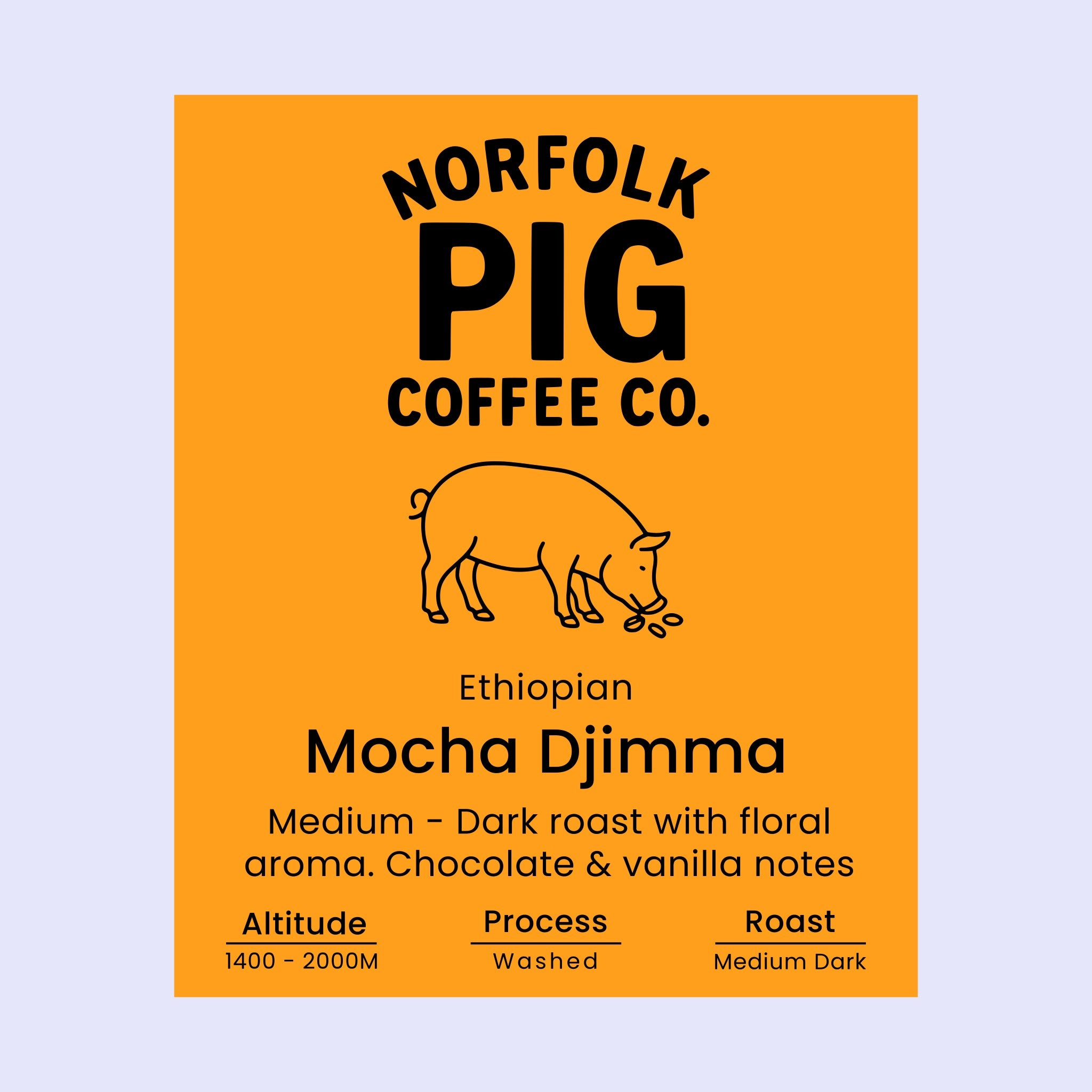 Coffee label for Ethiopian Mocha Djimma from Norfolk Pig Coffee Co.