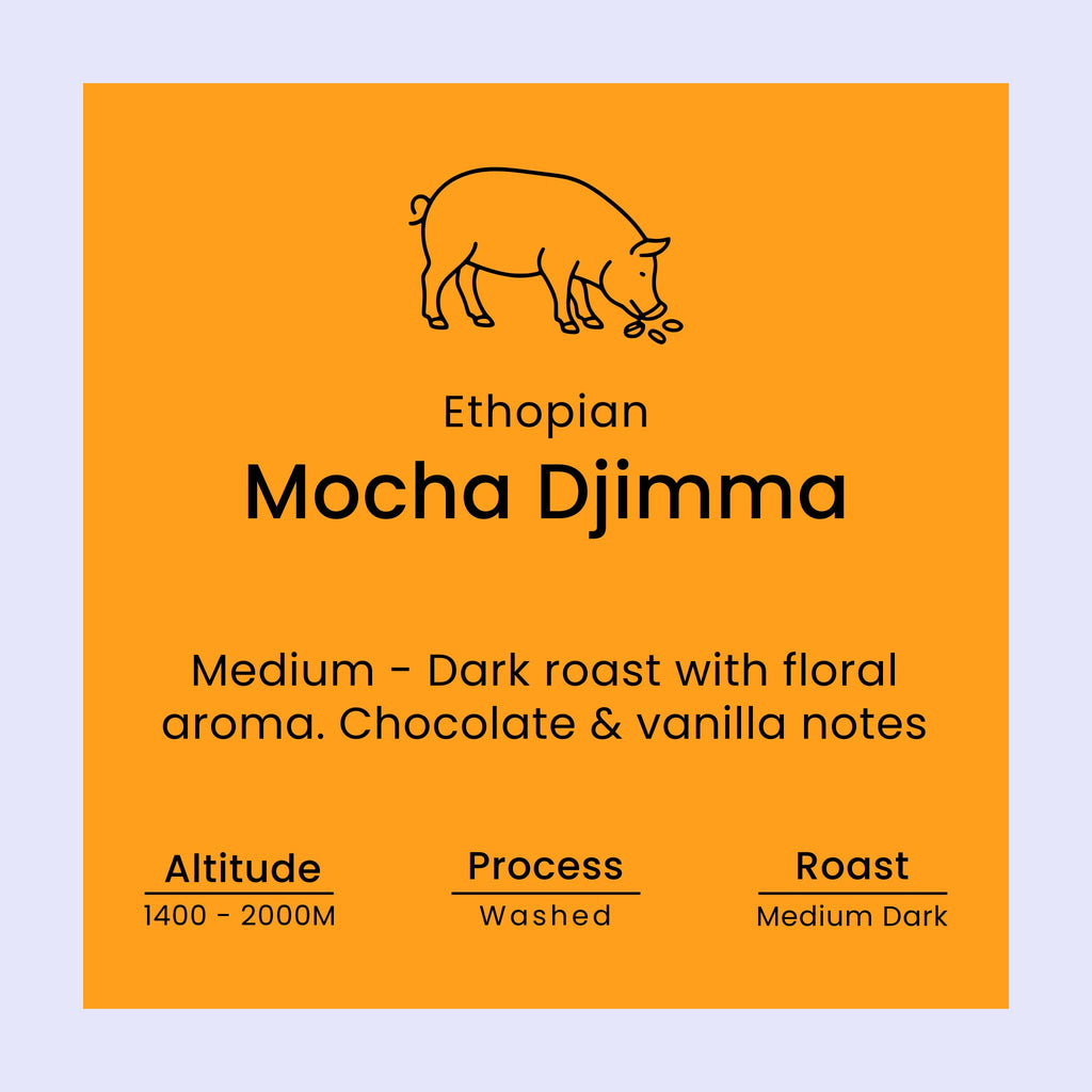 Coffee label for Ethiopian Mocha Djimma from Norfolk Pig Coffee Co.