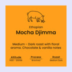 Coffee label for Ethiopian Mocha Djimma from Norfolk Pig Coffee Co.