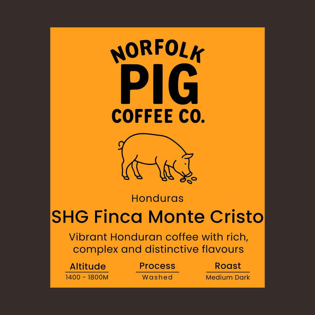 Coffee label for Honduras SHG Finca Monte Cristo from Norfolk Pig Coffee Co.