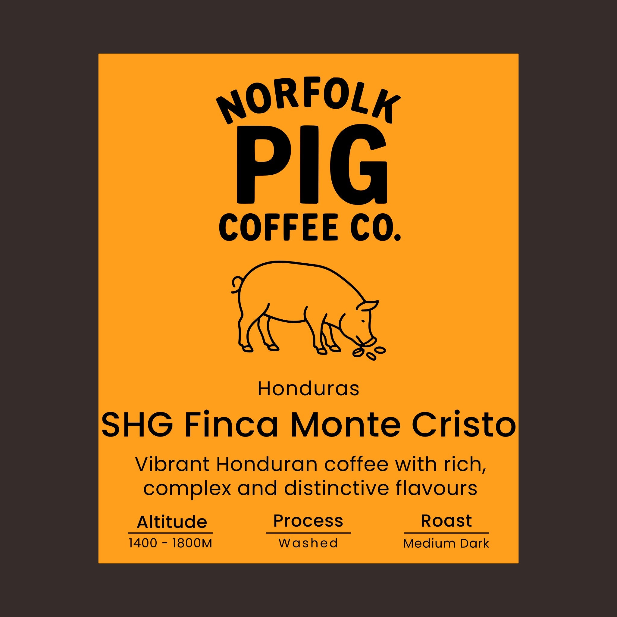 Coffee label for Honduras SHG Finca Monte Cristo from Norfolk Pig Coffee Co.