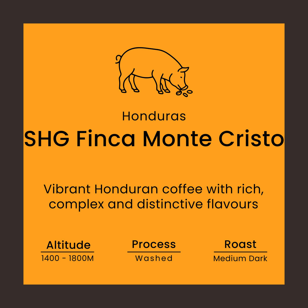 Coffee label for Honduras SHG Finca Monte Cristo from Norfolk Pig Coffee Co.
