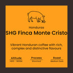 Coffee label for Honduras SHG Finca Monte Cristo from Norfolk Pig Coffee Co.