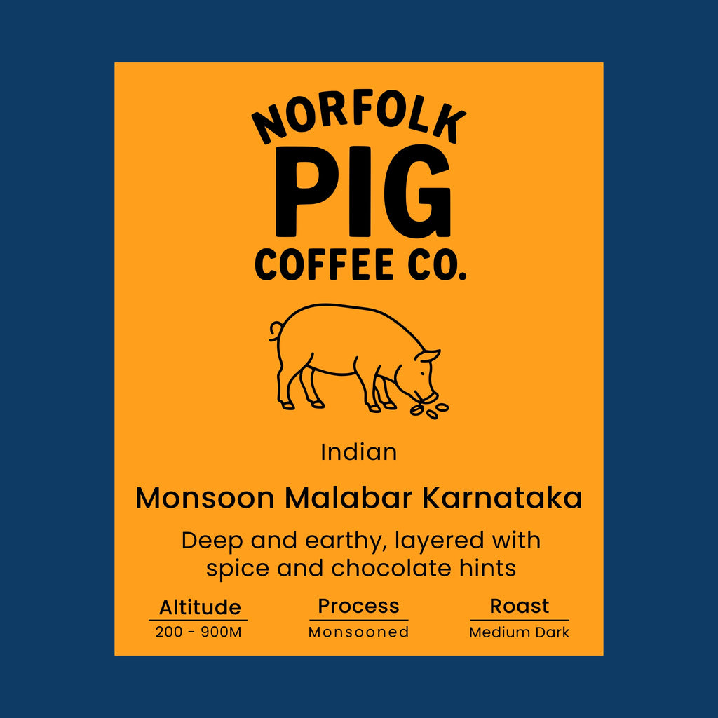 Coffee label for 'Indian Monsoon Malabar Karnataka' from Norfolk Pig Coffee Co.
