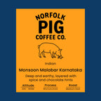 Coffee label for 'Indian Monsoon Malabar Karnataka' from Norfolk Pig Coffee Co.
