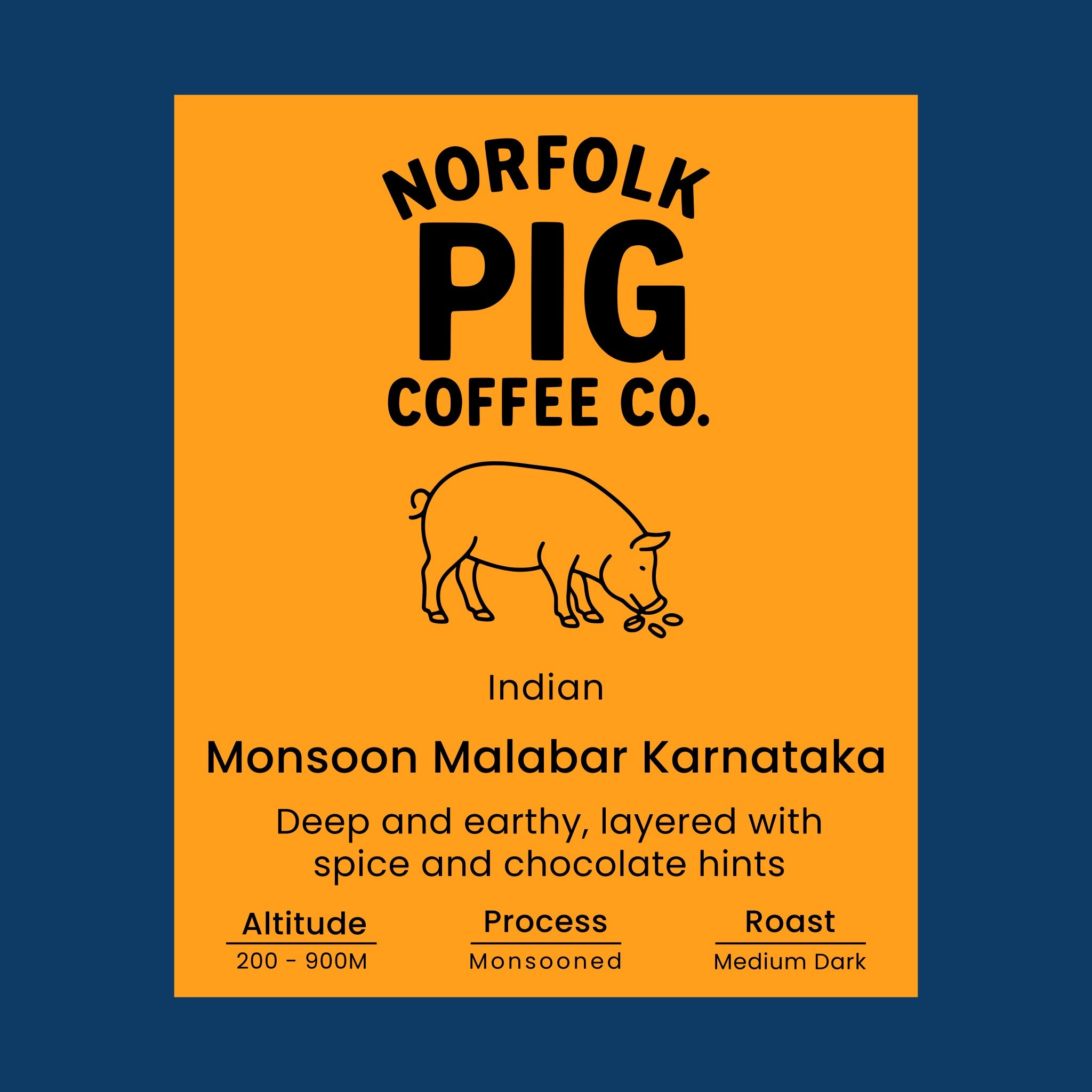Coffee label for 'Indian Monsoon Malabar Karnataka' from Norfolk Pig Coffee Co.