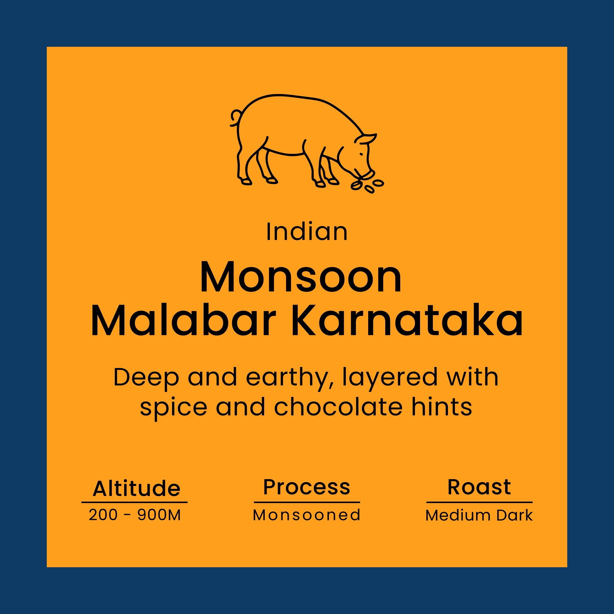 Coffee label for 'Indian Monsoon Malabar Karnataka' from Norfolk Pig Coffee Co.