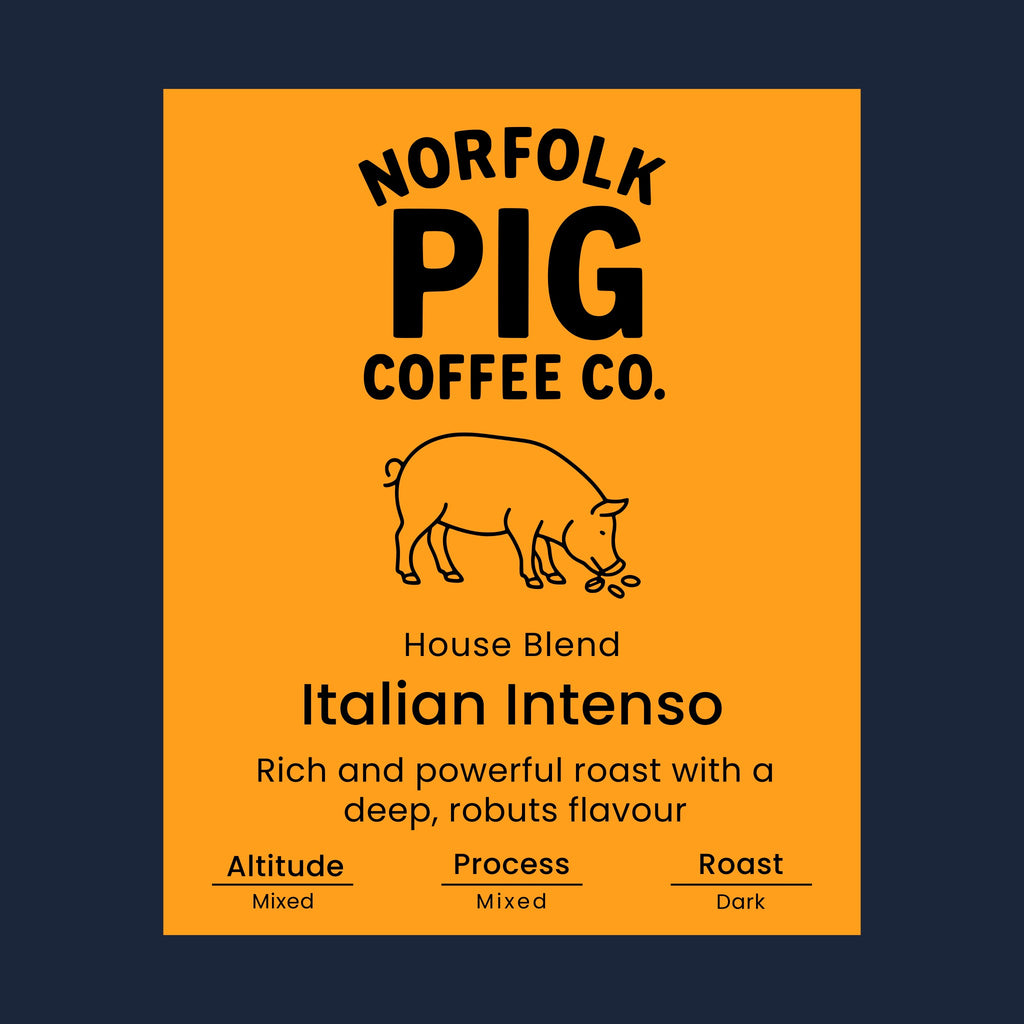 Coffee label for 'House Blend Italian Intense' from Norfolk Pig Coffee Co.