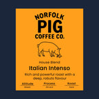 Coffee label for 'House Blend Italian Intense' from Norfolk Pig Coffee Co.