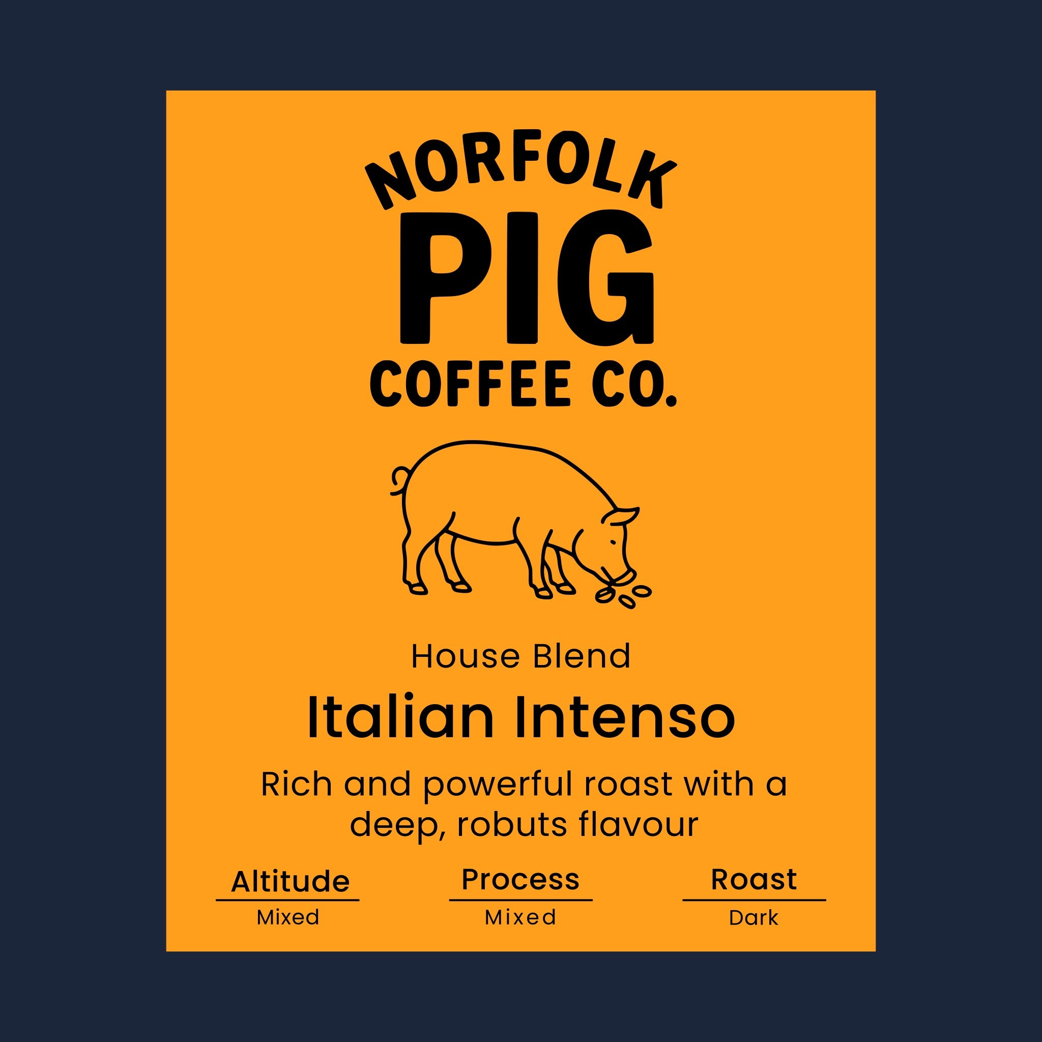 Coffee label for 'House Blend Italian Intense' from Norfolk Pig Coffee Co.