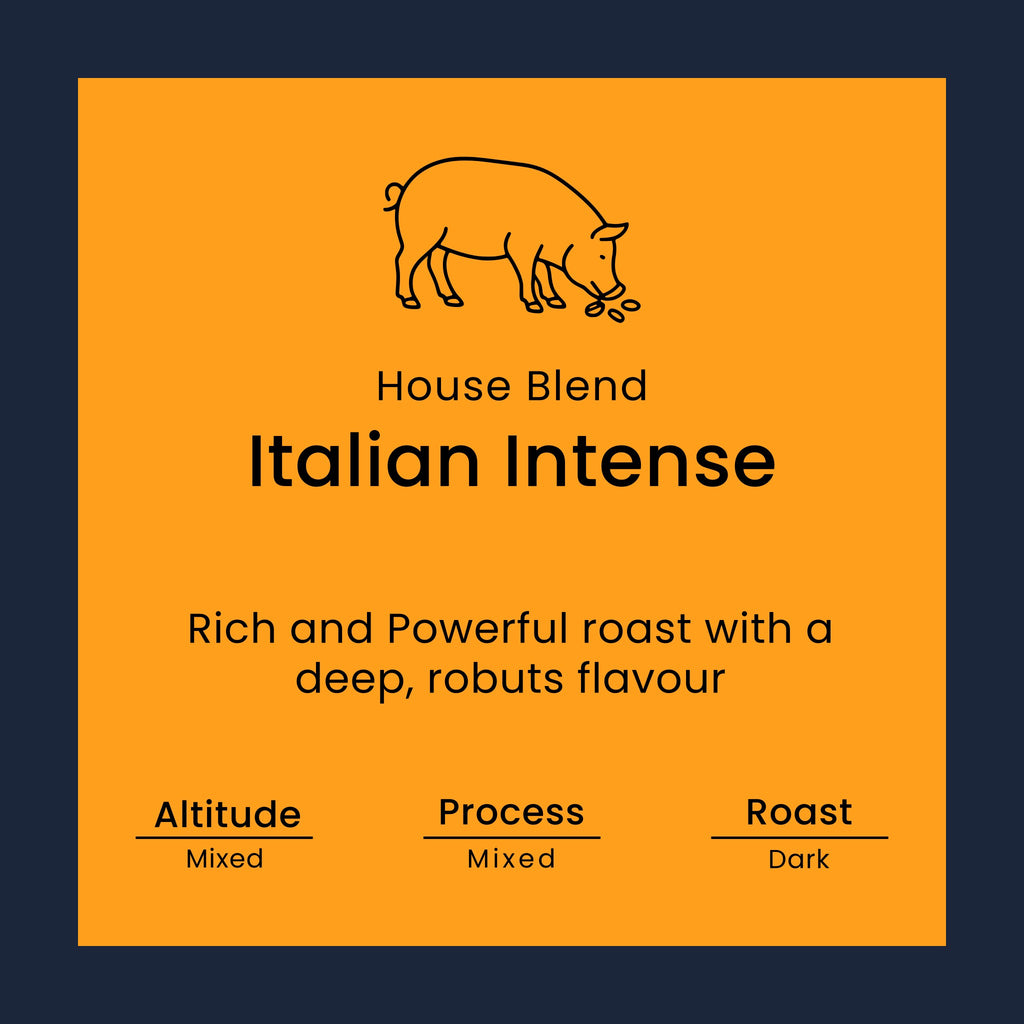 Coffee label for 'House Blend Italian Intense' from Norfolk Pig Coffee Co.