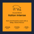 Coffee label for 'House Blend Italian Intense' from Norfolk Pig Coffee Co.