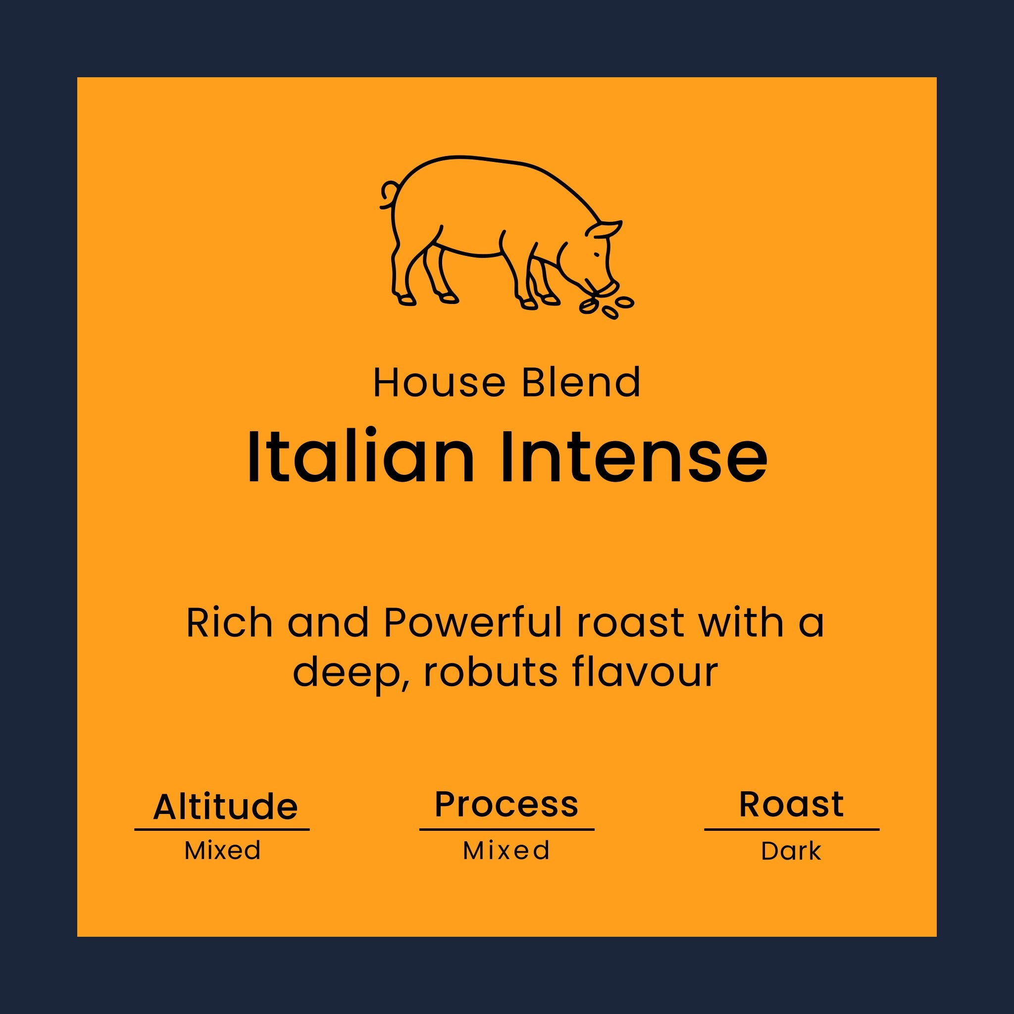 Coffee label for 'House Blend Italian Intense' from Norfolk Pig Coffee Co.